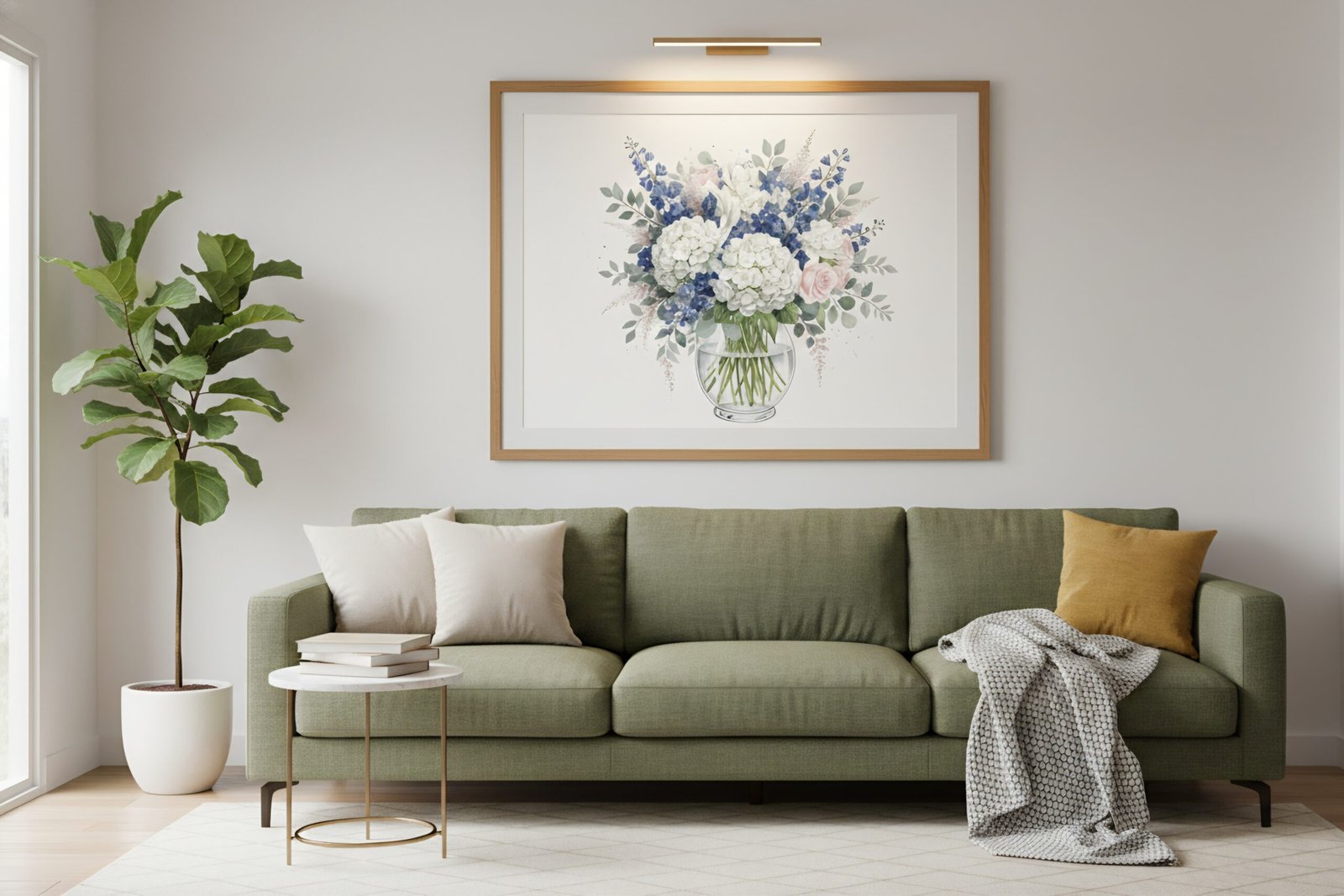 Blue Garden Harmony – Hochauflösendes Aquarell-Blumenarrangement als Sofort-Download | Druckbar bis 90 × 57 cm