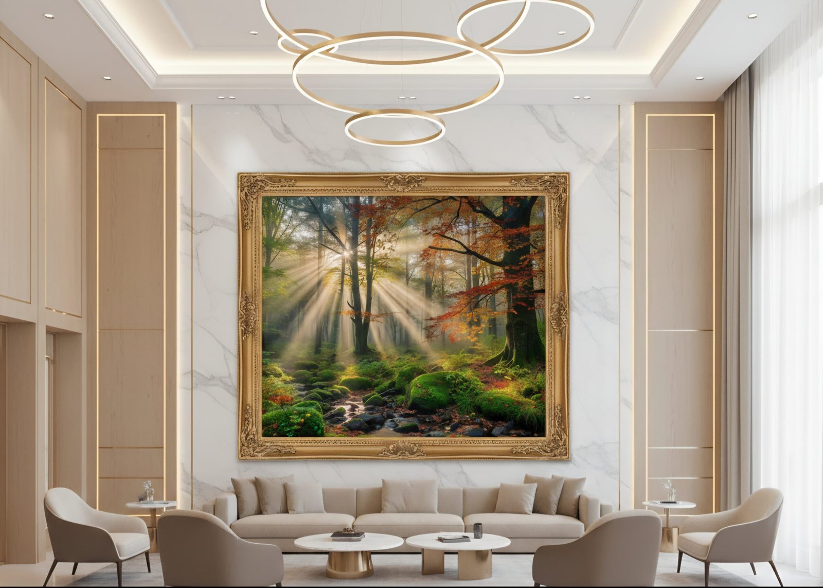 Enchanted Forest Sunrise – Mystic Lightbeam Art Print“  Hochauflösendes Fine-Art-Motiv für Premium-Drucke (bis XXL-Format geeignet)