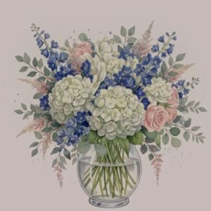 Blue Garden Harmony – Hochauflösendes Aquarell-Blumenarrangement als Sofort-Download | Druckbar bis 90 × 57 cm