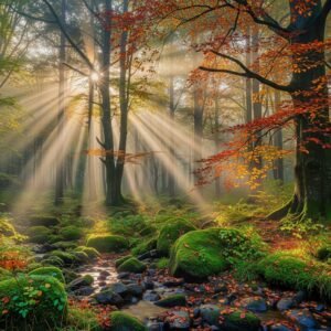 Enchanted Forest Sunrise – Mystic Lightbeam Art Print“  Hochauflösendes Fine-Art-Motiv für Premium-Drucke (bis XXL-Format geeignet)
