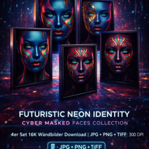 Futuristic Neon Identity &ndash; Cyber Masked Faces Collection | 4er Set 16K Wandbilder Download JPG PNG TIFF 300 DPI