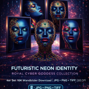 Futuristic Neon Identity &ndash; Royal Cyber Goddess Collection | 4er Set 16K Wandbilder Download JPG PNG TIFF 300 DPI