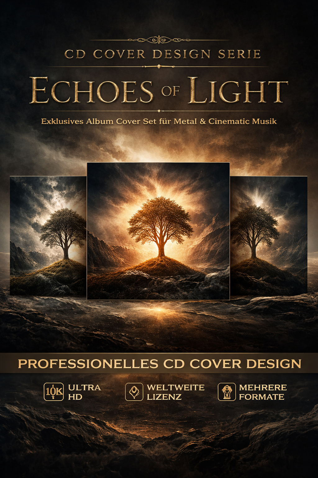 CD Cover Design Serie mit atmosphärischem Baum Motiv zwischen Licht und Schatten für Metal und Cinematic Musik